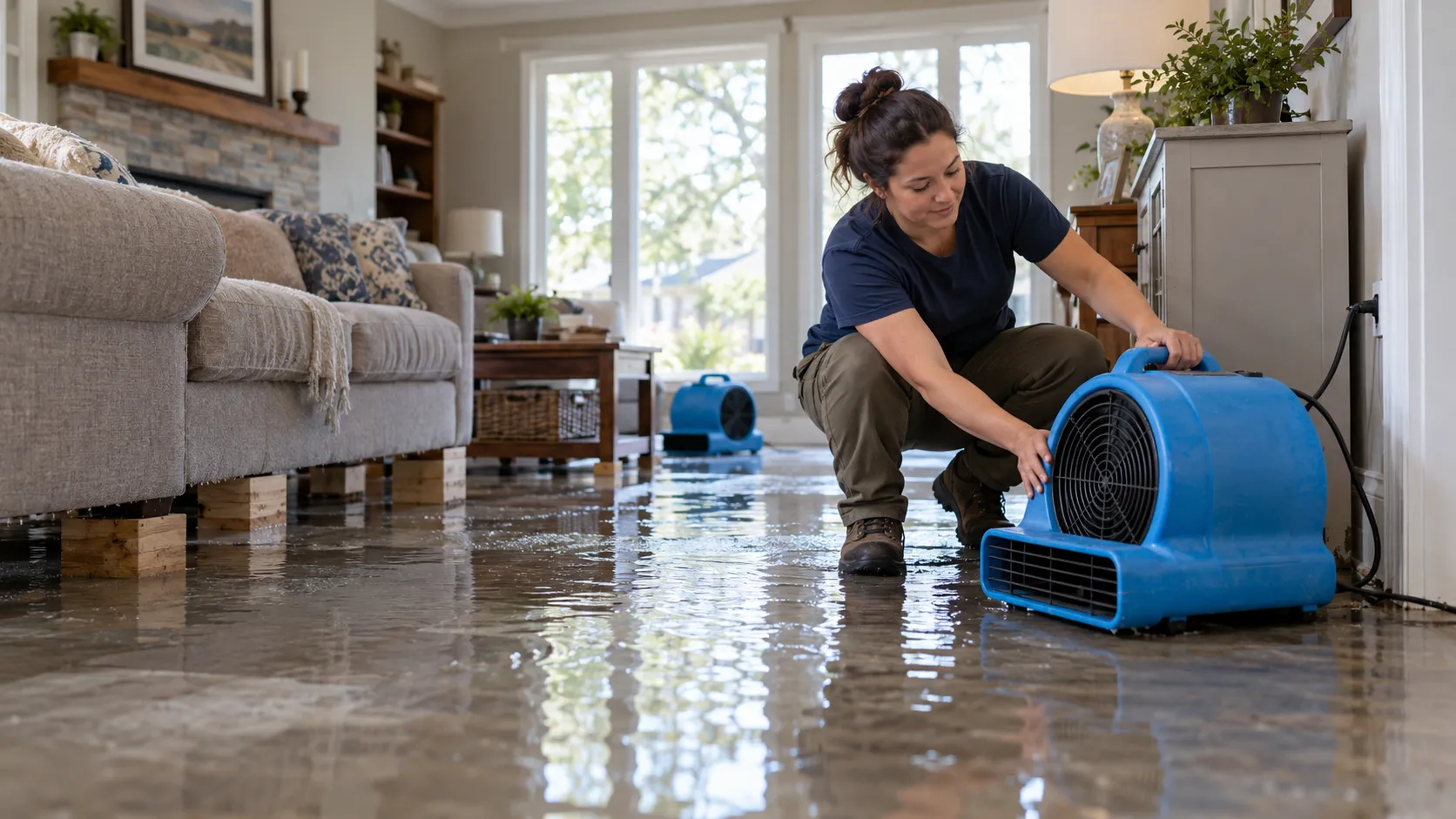 Water damage restoration technician drying a flooded living room in Providence
